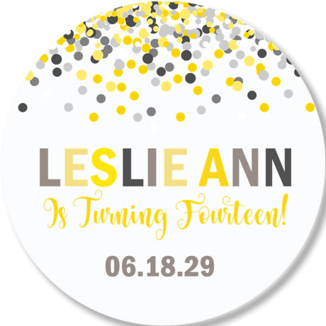 Modern birthday party favor sticker with confetti design and bold text