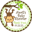 Monkey baby shower sticker with green leaves and hanging monkey design