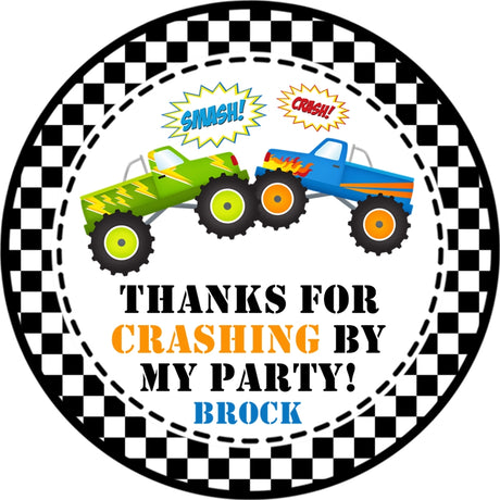 Monster truck birthday party favor sticker with two trucks colliding