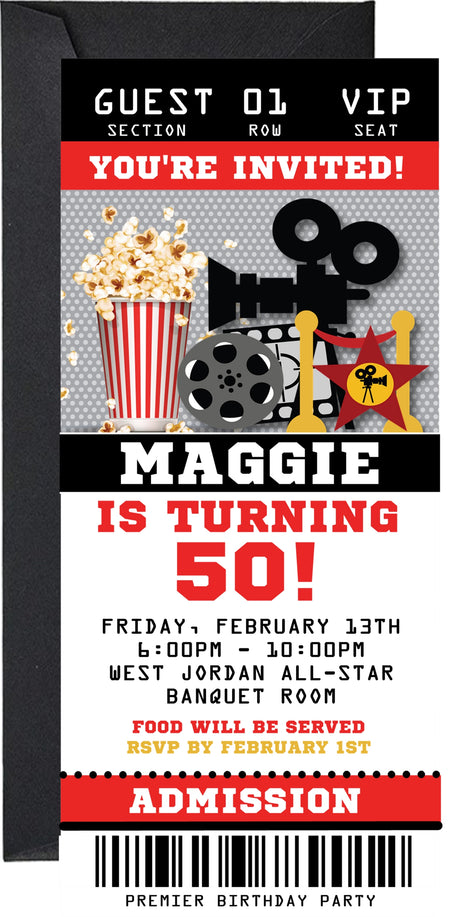 Movie ticket invitation featuring a film reel, popcorn, and movie clapperboard design