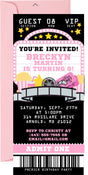 Movie ticket invitation featuring cinema themed artwork and admission ticket layout