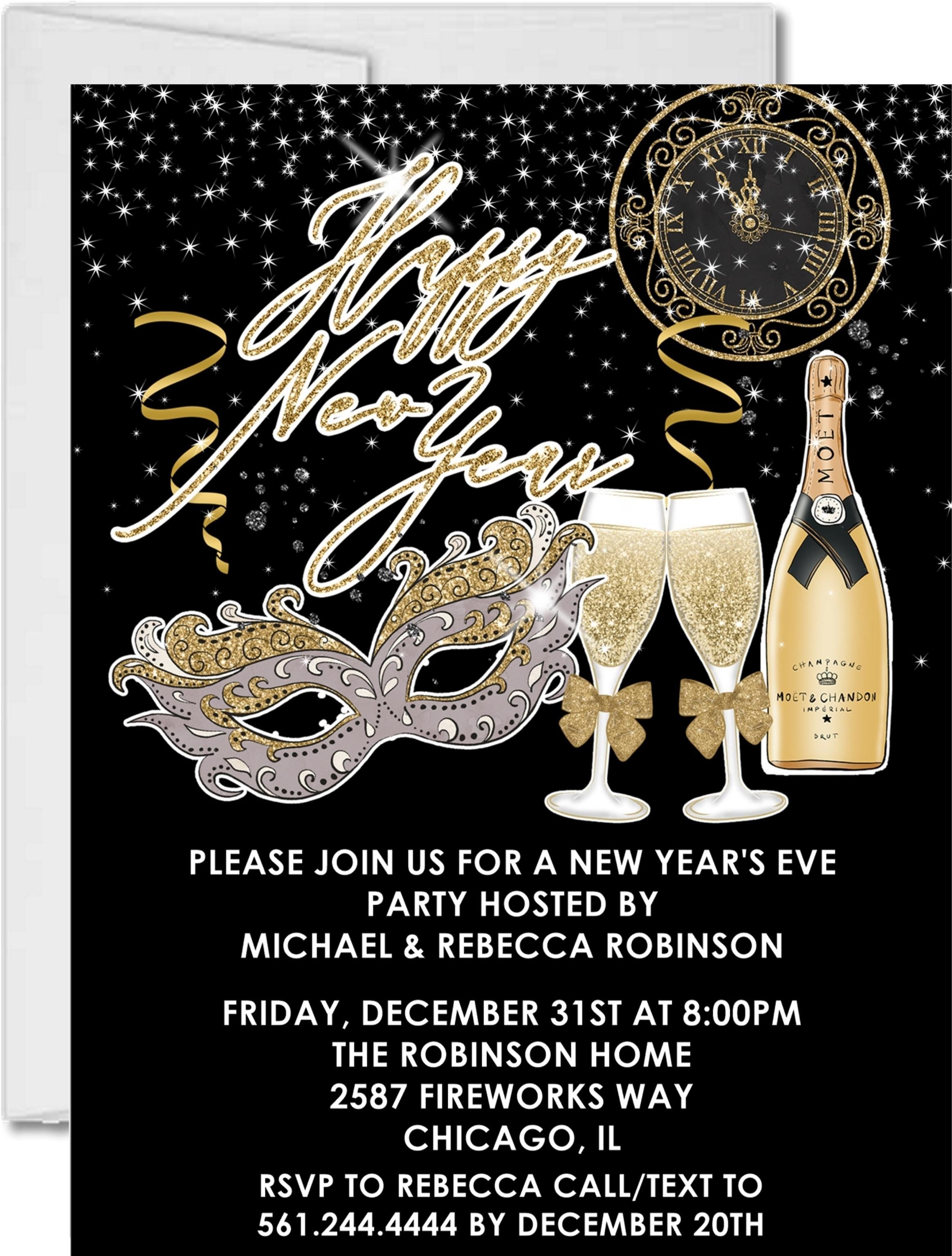 Black, Silver And Gold New Years Eve Party Invitations