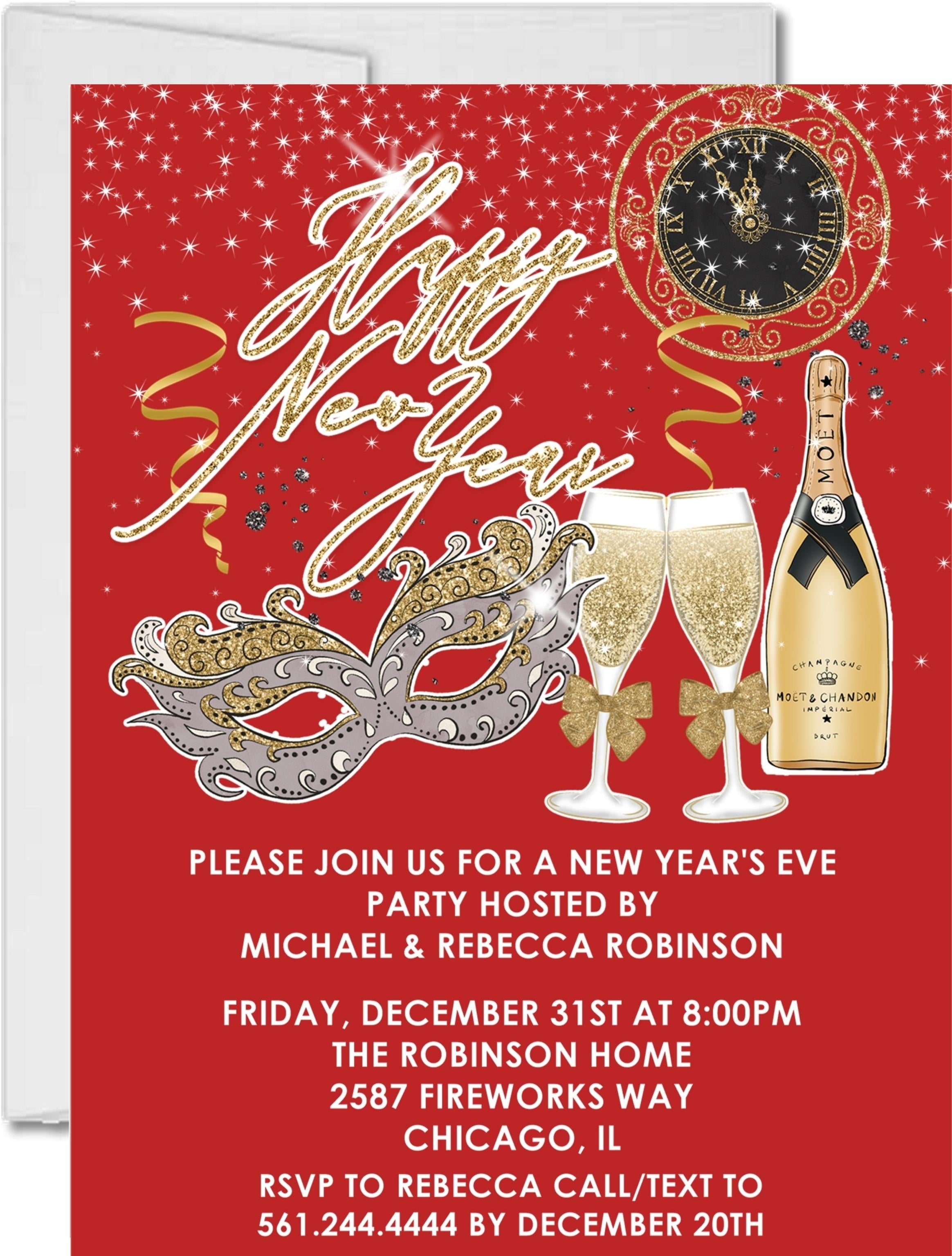 Red, Silver And Gold New Years Eve Party Invitations