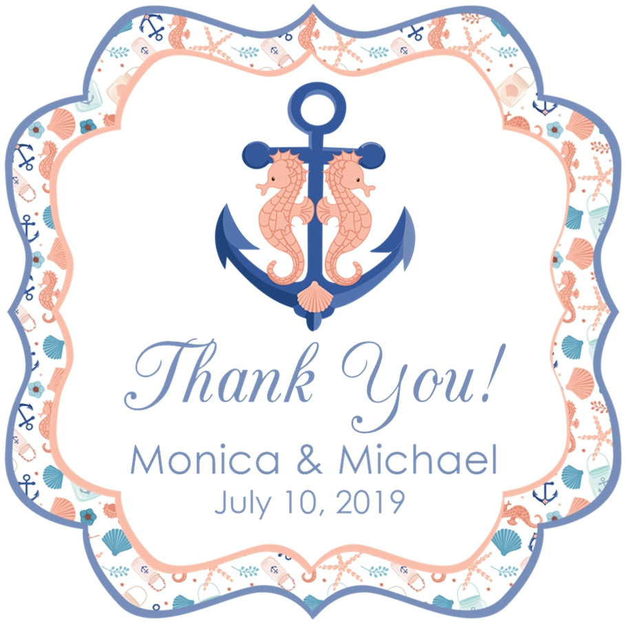 Nautical-themed thank you sticker with seahorses, anchor, and decorative border on a white background.