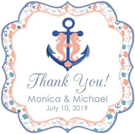 Nautical-themed thank you sticker with seahorses, anchor, and decorative border on a white background.