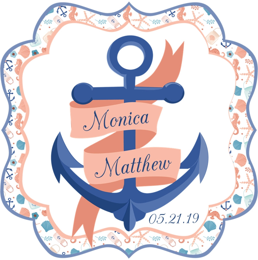 Coastal wedding sticker featuring blue anchor artwork and personalized ribbon design