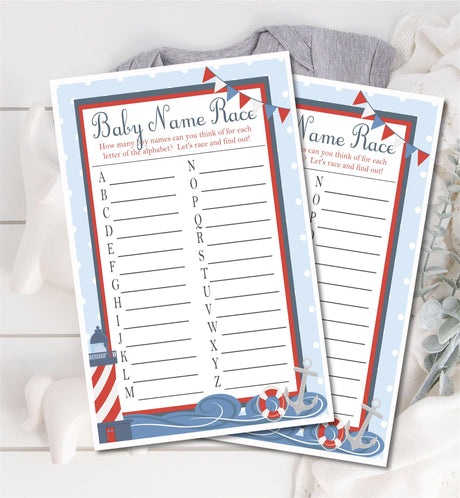 Nautical baby shower name race printable game
