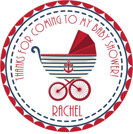 Nautical baby shower sticker with red carriage and anchor design