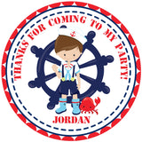 Nautical birthday sticker with sailor boy and ship wheel