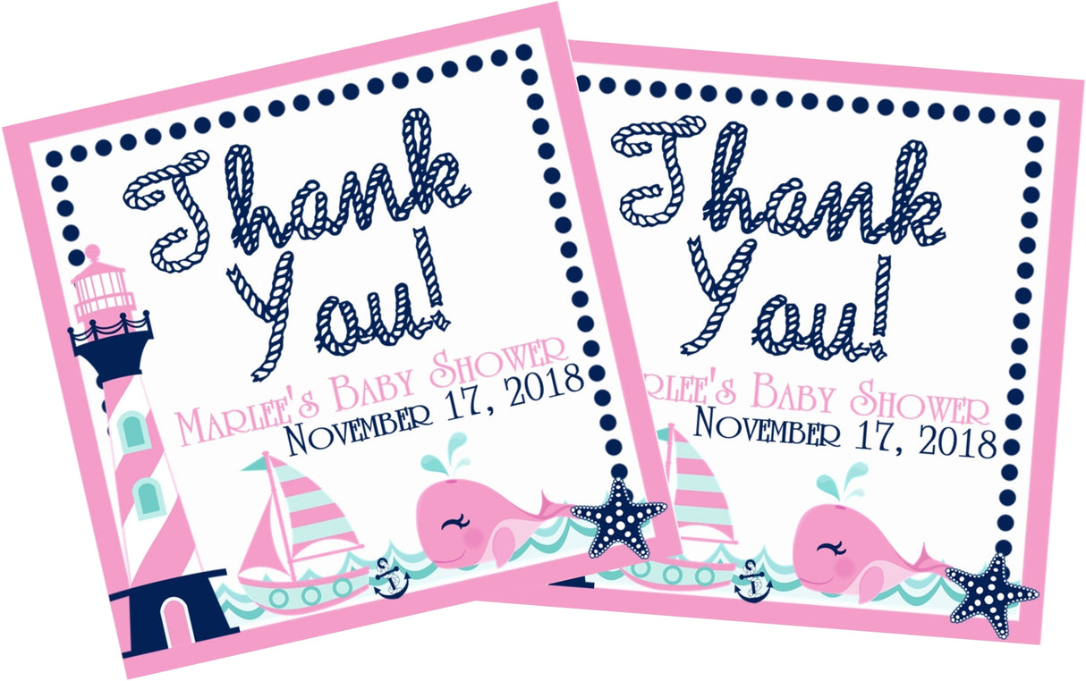 Nautical girl baby shower favor label in pink and navy