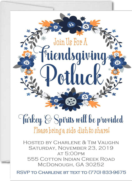 Navy and blue floral Friendsgiving potluck invitation