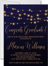 Navy and gold bistro lights graduation party invitation with customizable graduation year