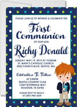 Navy blue and green polka dot first holy communion invitation
