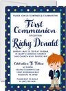 Navy blue and green polka dot first holy communion invitation