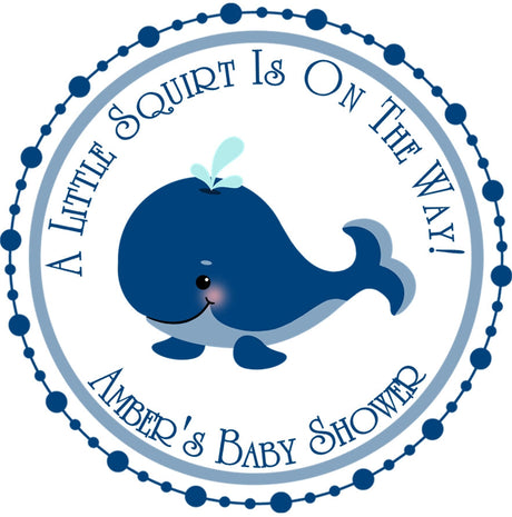 Navy blue whale baby shower sticker label favors