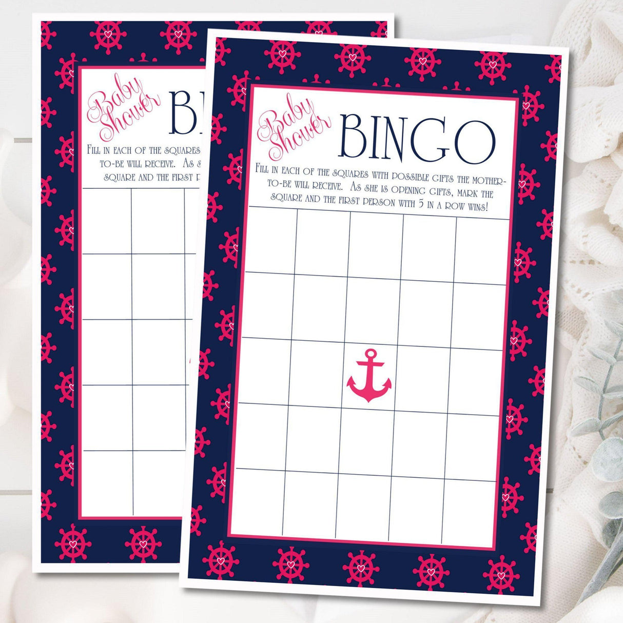 Navy hot pink nautical baby shower bingo printable game
