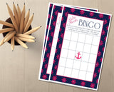 Navy pink nautical baby shower bingo printable card
