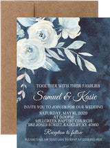 Navy watercolor floral wedding invitation featuring flowers on a dark navy background.