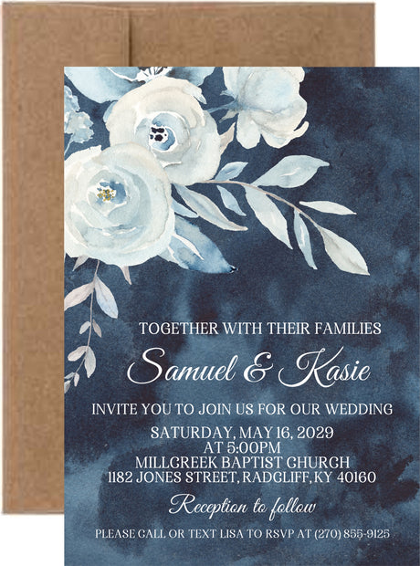 Navy watercolor floral wedding invitation featuring flowers on a dark navy background.
