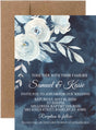 Navy watercolor floral wedding invitation featuring flowers on a dark navy background.