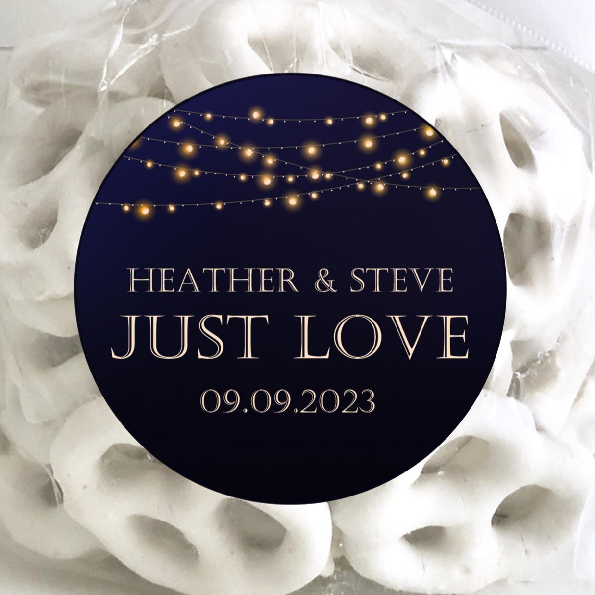 Navy wedding sticker with glowing bistro lights