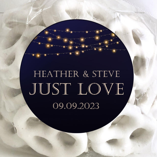 Navy wedding sticker with glowing bistro lights