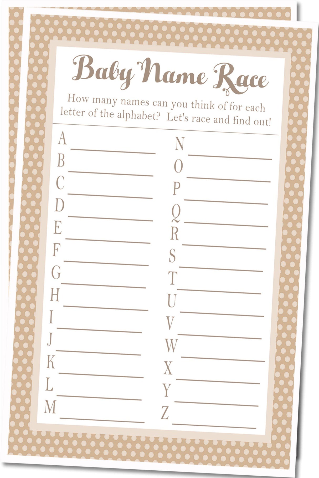 Neutral beige baby shower name race activity card