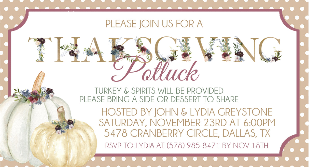 Neutral floral Thanksgiving dinner invitation with pumpkins