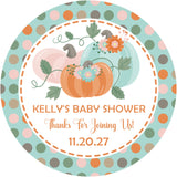 Neutral pumpkin baby shower sticker with polka dot background and pastel pumpkins
