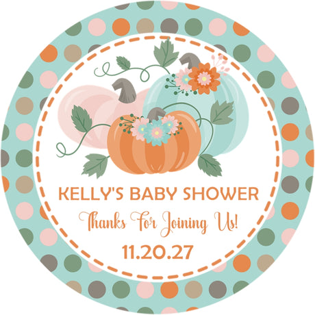 Neutral pumpkin baby shower sticker with polka dot background and pastel pumpkins