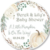 Neutral pumpkin baby shower sticker with rustic greenery and watercolor pumpkin
