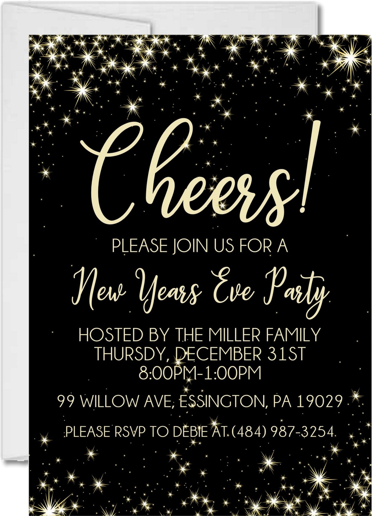 New Year's Eve party invitation collection featuring coordinating black and  gold