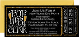 New Year's Eve ticket invitation featuring champagne glasses and fireworks artwork