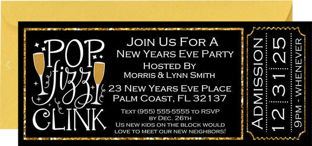 New Year's Eve ticket invitation featuring champagne glasses and fireworks artwork