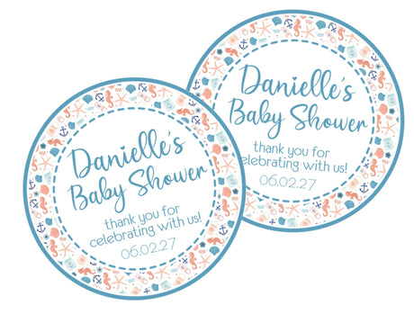 Ocean baby shower sticker with seahorse and seashell border