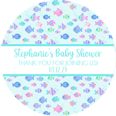Ocean themed baby shower favor labels with fish pattern