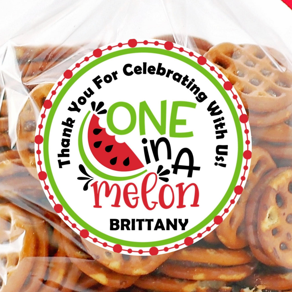 One in a Melon first birthday sticker with red dotted border