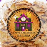 Orange haunted house Halloween sticker with spooky details