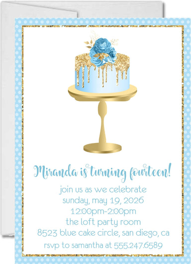 Pastel Blue And Gold Cake Birthday Party Invitations