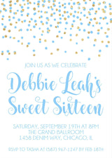 Pastel Blue And Gold Confetti Sweet 16 Party Invitations