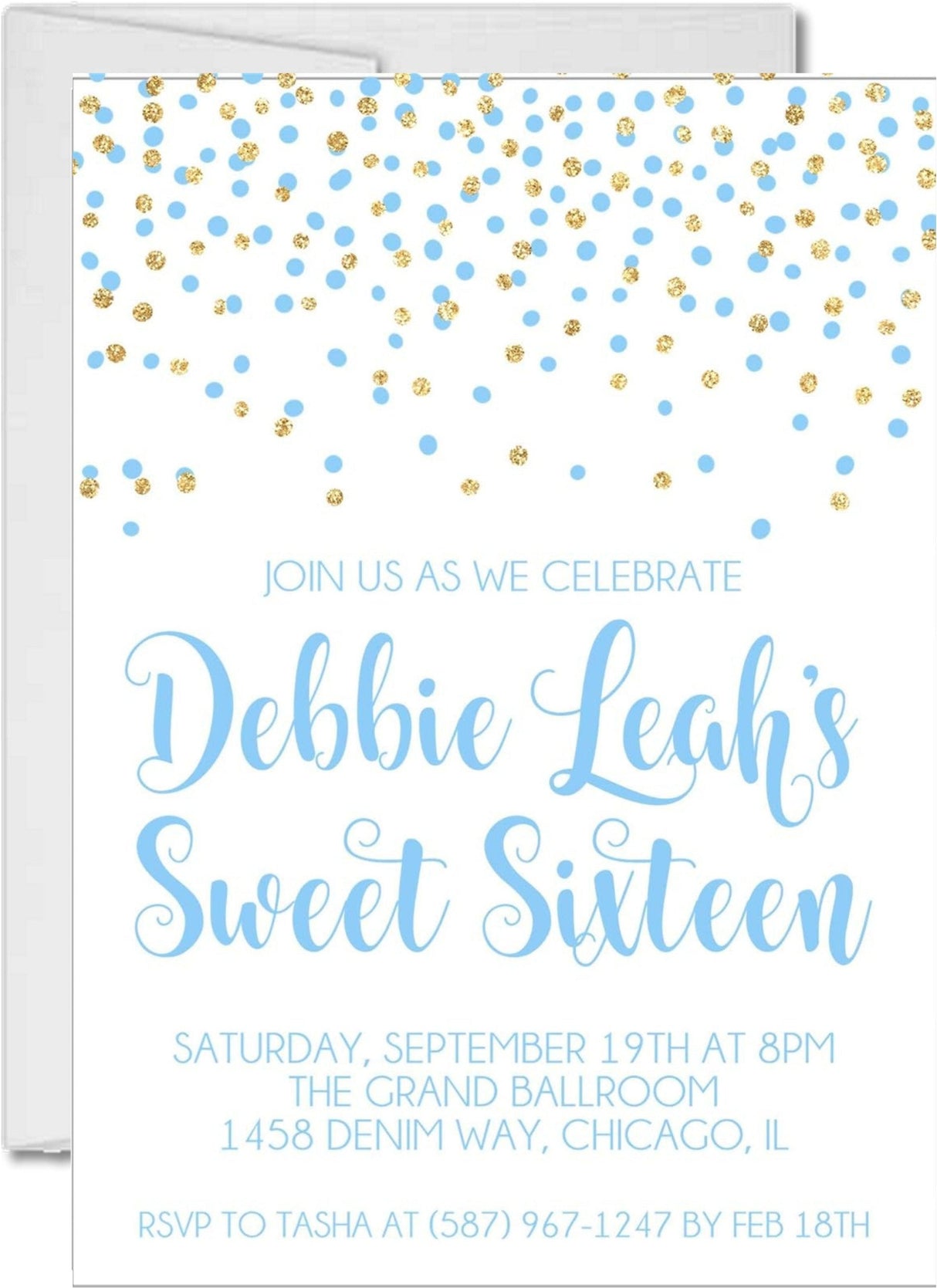 Pastel Blue And Gold Confetti Sweet 16 Party Invitations