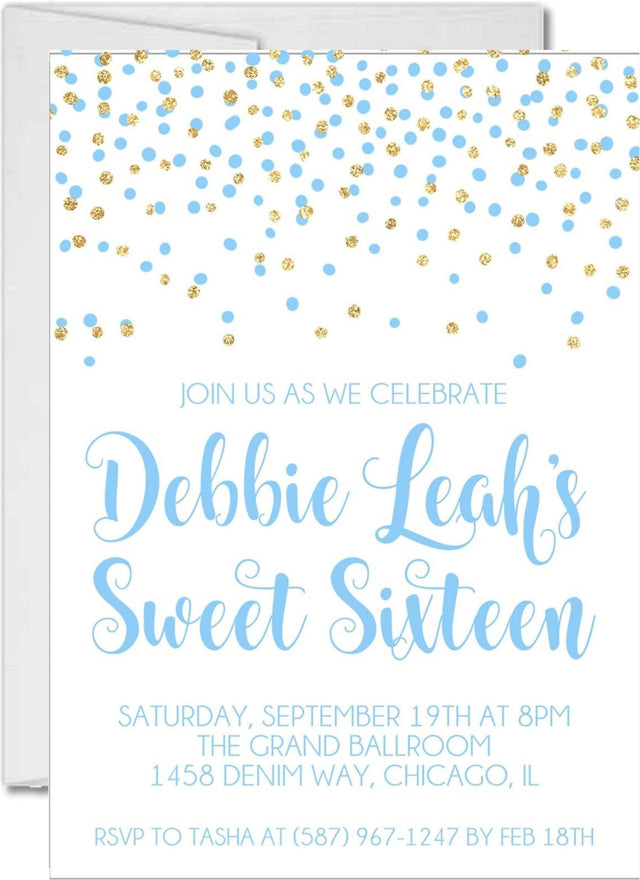 Pastel Blue And Gold Confetti Sweet 16 Party Invitations