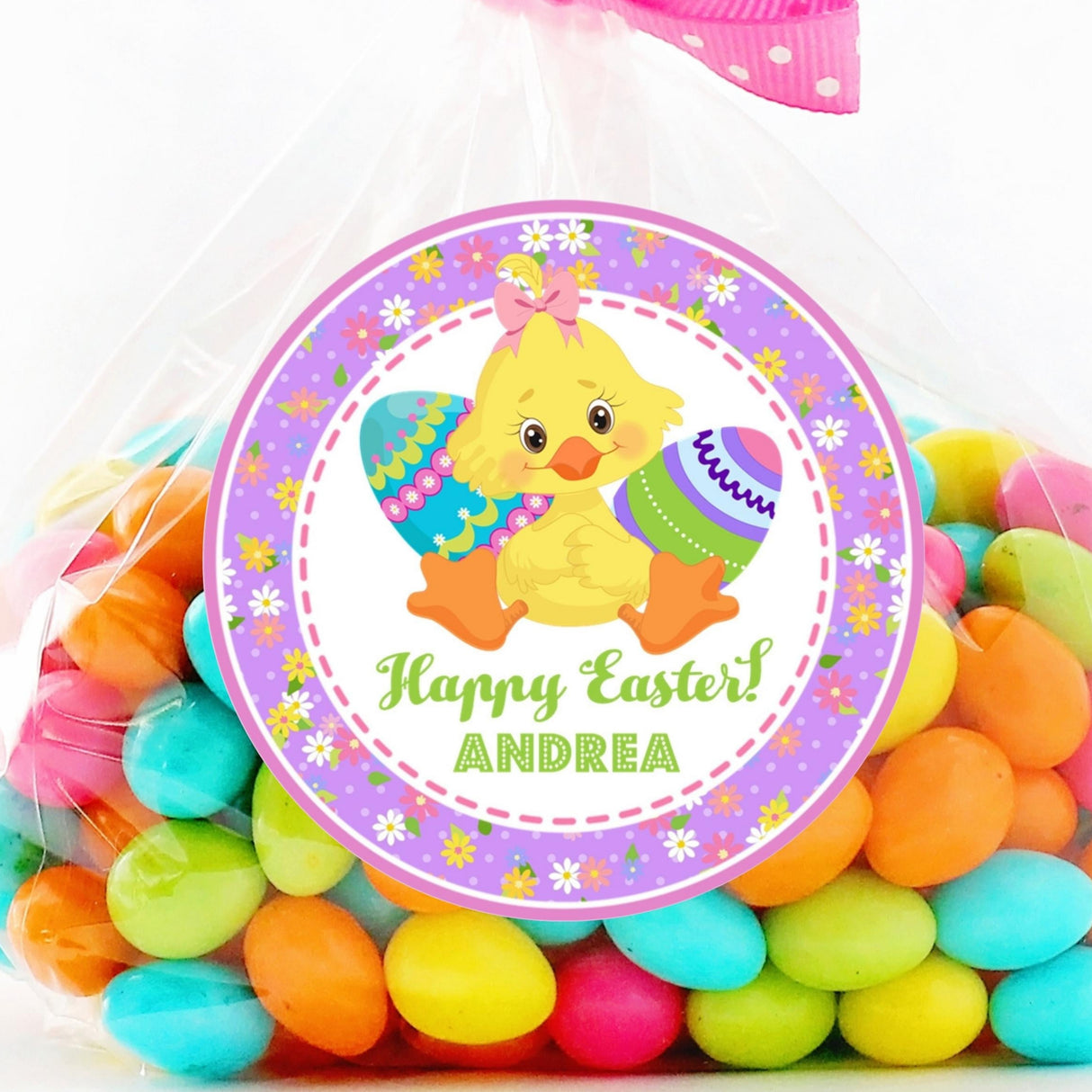 Pastel Easter chick sticker with colorful eggs and lavender floral border