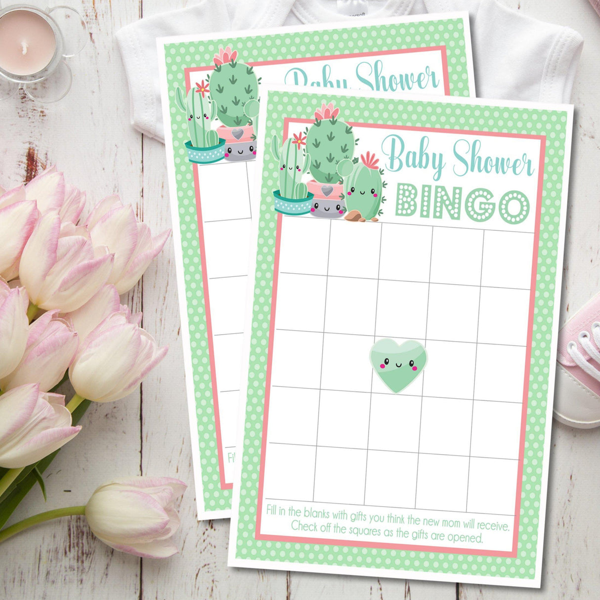 Pastel cactus baby shower bingo printable game card