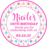 Pastel cupcake birthday sticker with colorful dessert pattern and personalized text