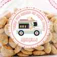 Pastel ice cream truck birthday sticker with cones and menu sign.