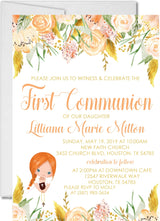 Peach and gold first holy communion invitation for girls
