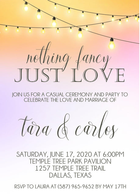 Peach wedding invitation with bistro lights and elegant wedding wording