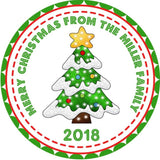 Personalized Christmas tree sticker with green tree, snowy layers, and red and green border