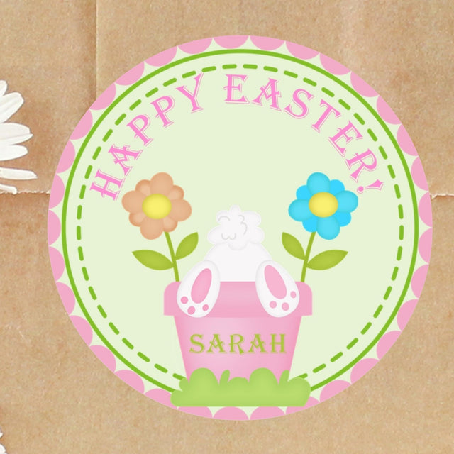 Personalized Easter bunny flower pot sticker with pastel flowers